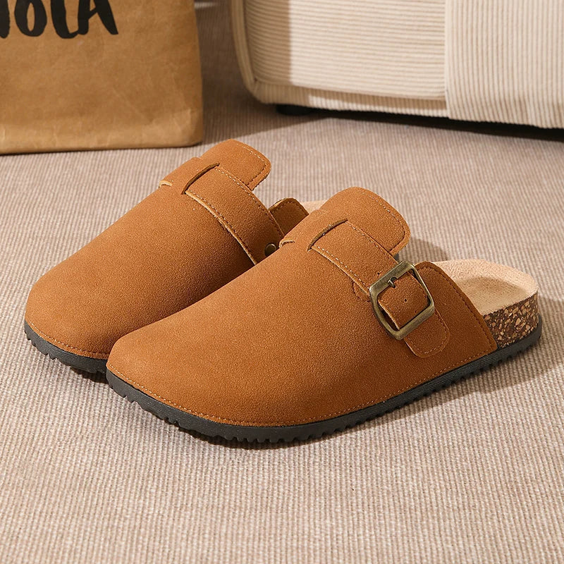 2026 New Women's Men's Lightweight Suede Leather Closed-Toe Outdoor Flat Slipper Clogs Mules Comfortable Soft Buckle