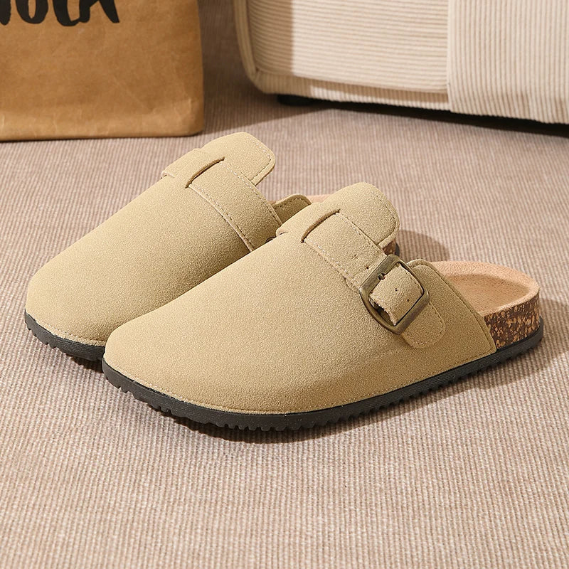 2026 New Women's Men's Lightweight Suede Leather Closed-Toe Outdoor Flat Slipper Clogs Mules Comfortable Soft Buckle