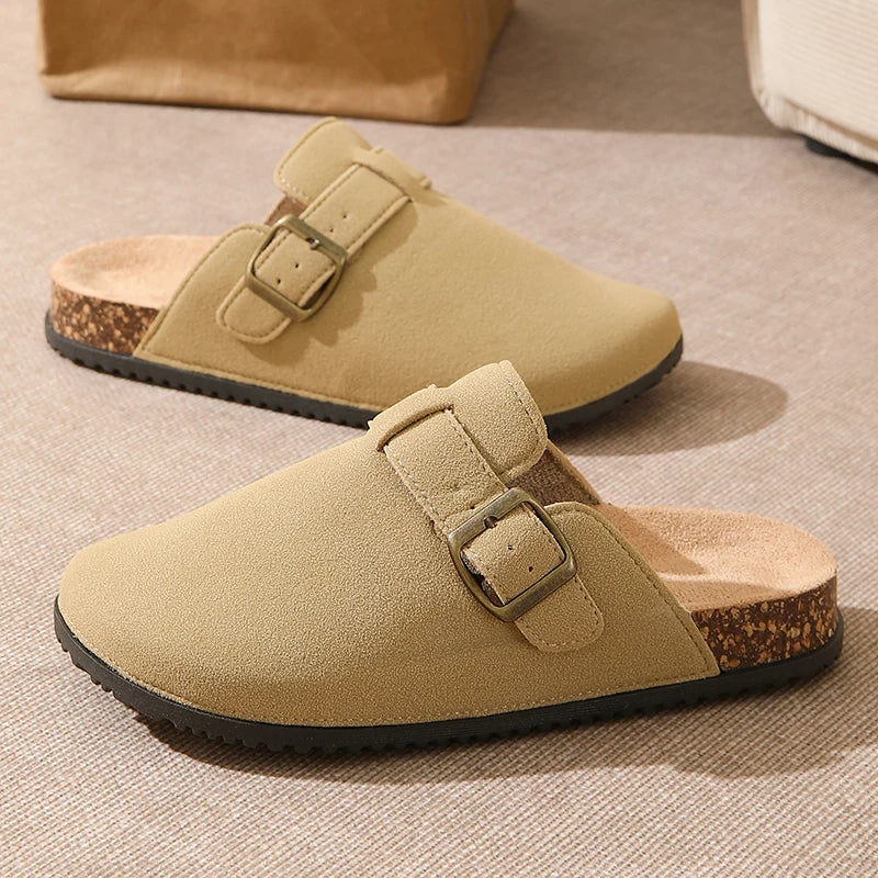2026 New Women's Men's Lightweight Suede Leather Closed-Toe Outdoor Flat Slipper Clogs Mules Comfortable Soft Buckle