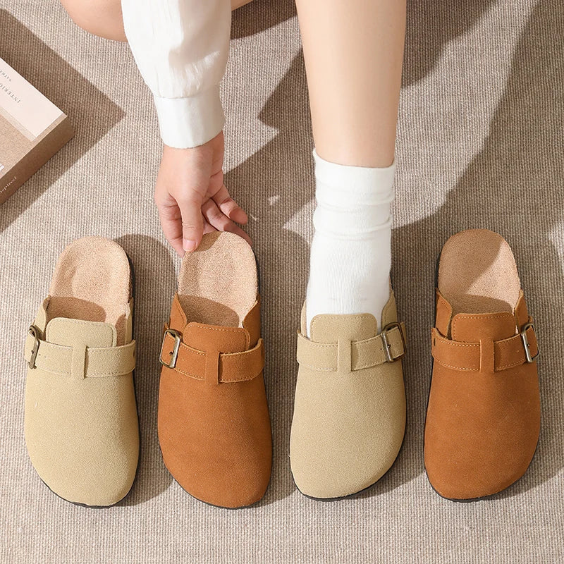 2026 New Women's Men's Lightweight Suede Leather Closed-Toe Outdoor Flat Slipper Clogs Mules Comfortable Soft Buckle