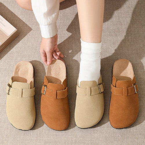 2026 New Women's Men's Lightweight Suede Leather Closed-Toe Outdoor Flat Slipper Clogs Mules Comfortable Soft Buckle