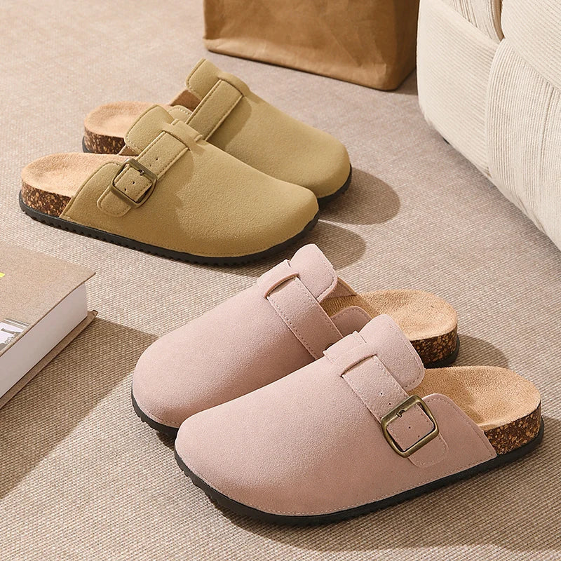2026 New Women's Men's Lightweight Suede Leather Closed-Toe Outdoor Flat Slipper Clogs Mules Comfortable Soft Buckle